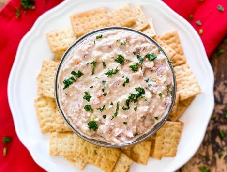 Christmas Holiday Appetizers: Tuna Salad with Crackers and Spicy Shrimp Skewers